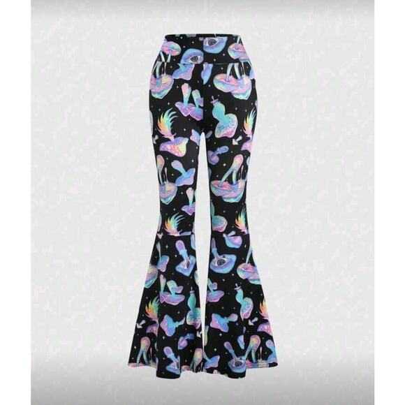 NWT XL Retro Stretchy Pants Blacklight Mushroom Rave Festival Flares - Picture 10 of 10